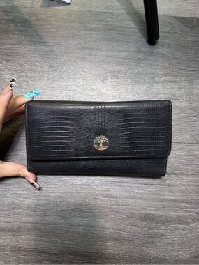 Timberland Black Croc-Embossed Foldover Wallet with Tree Emblem